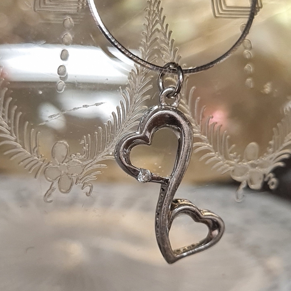 Sterling Silver Double Heart Necklace with Diamond